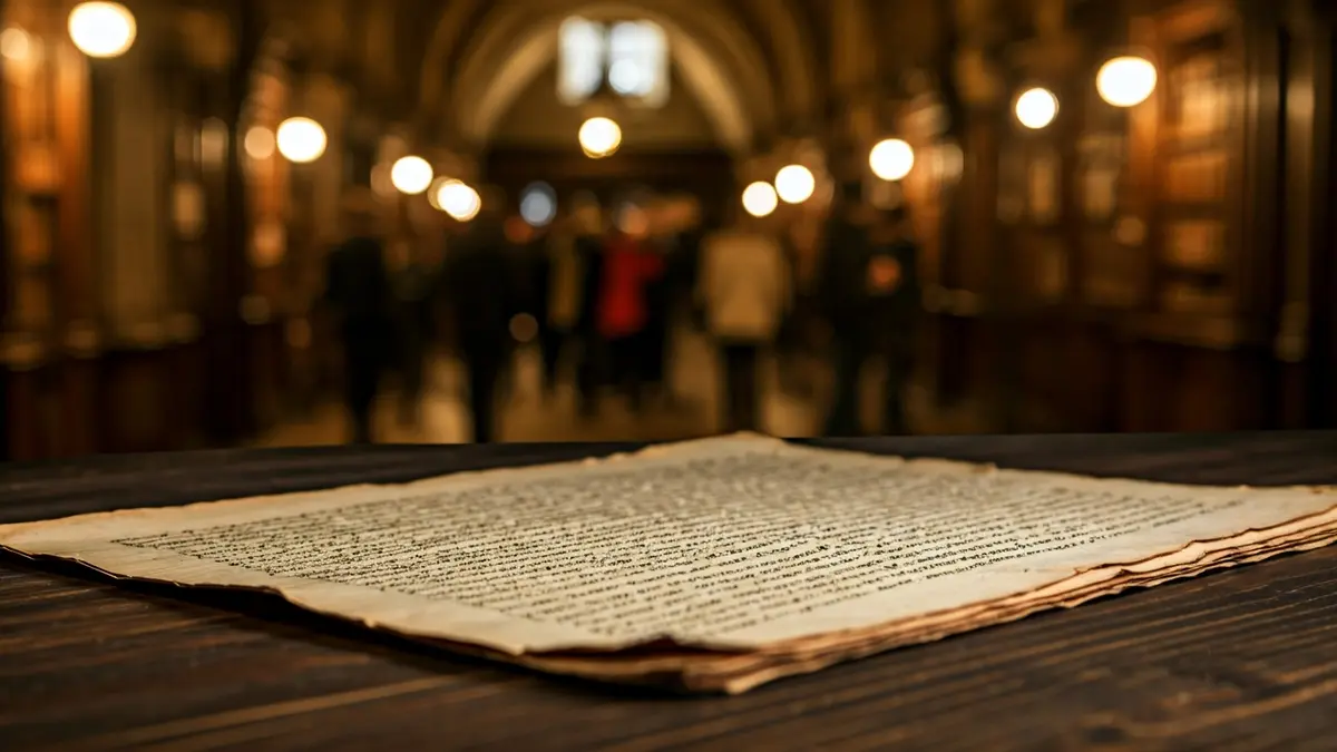 Imagen genérica de un antiguo documento sobre una mesa de madera en una biblioteca antigua.