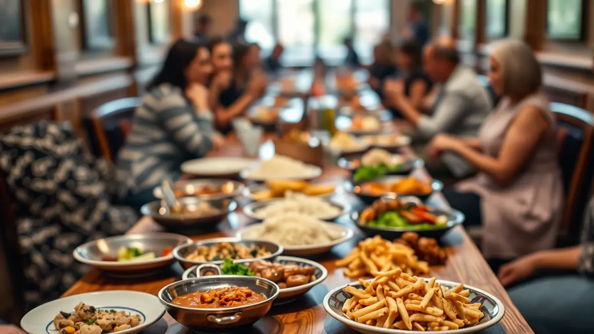 Generic image of people eating together around a table, fostering integration.