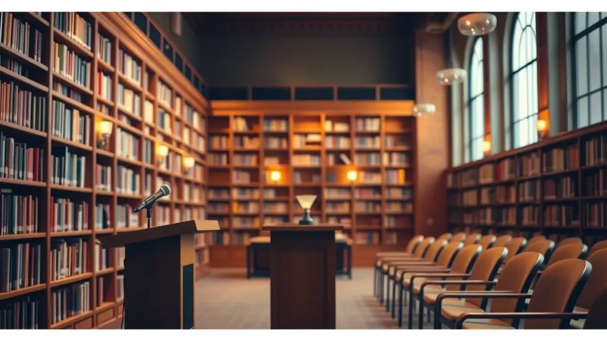 Generic image of a library interior with a microphone and empty chairs.