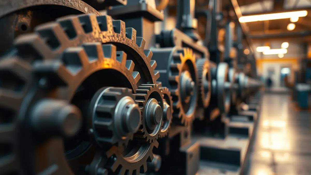 Irudi generikoa industria-makineriaren engranajeen xehetasun batena, lantegi baten barrualdea atzealdean.