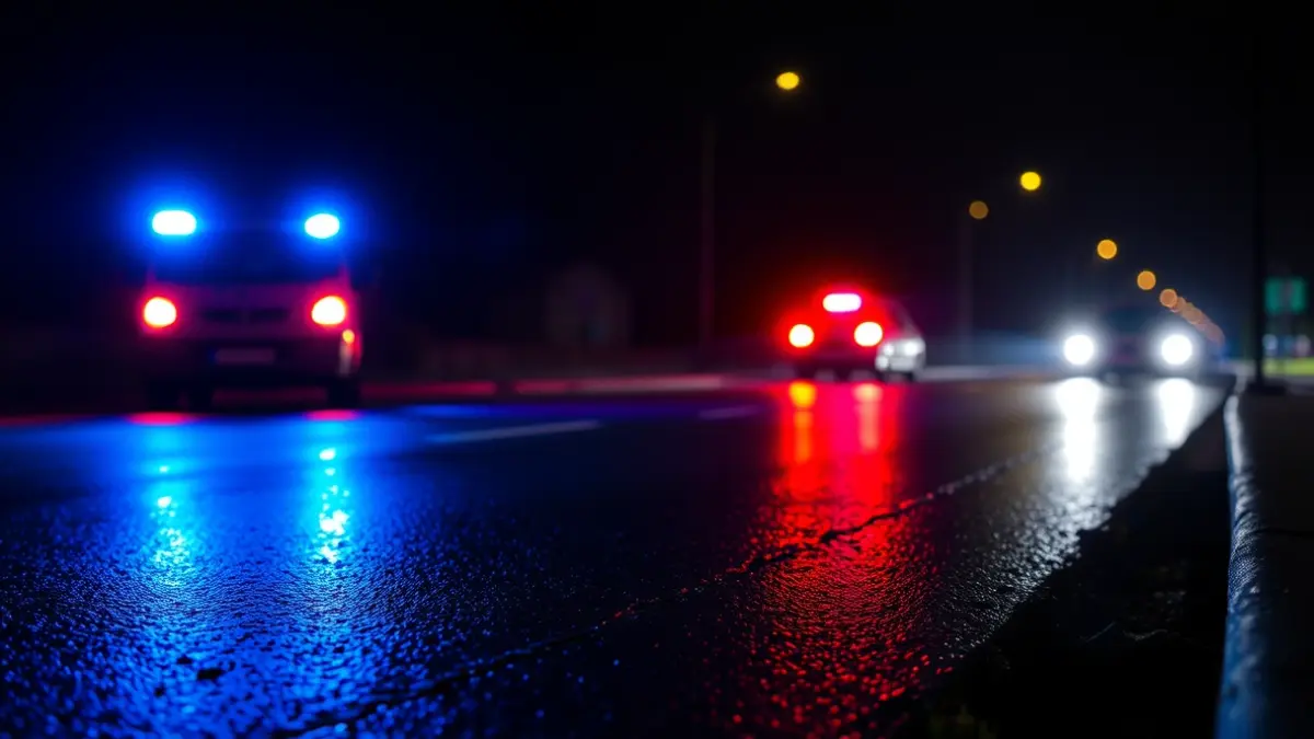 Imagen genérica: Luces de emergencia reflejándose en asfalto mojado por la noche.