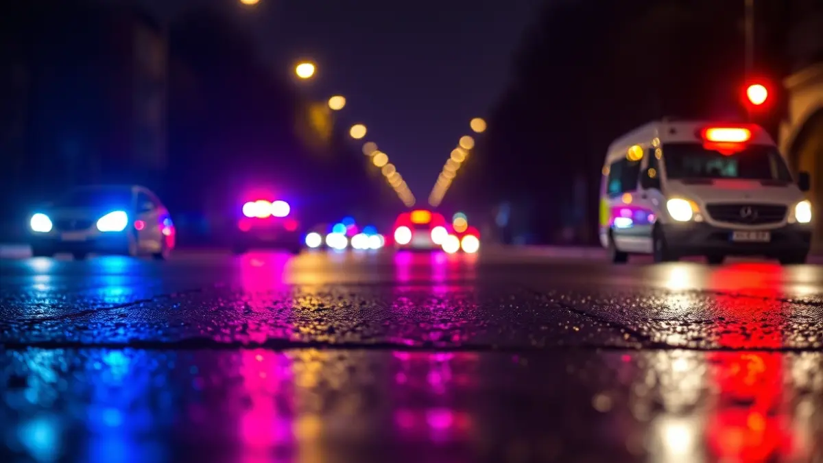 Generic image: Emergency lights reflecting on wet asphalt at night.