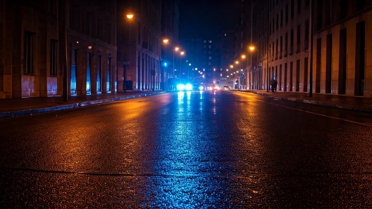 Irudi generikoa gaueko asfalto hezean islatzen diren larrialdi-argi urdin eta gorrienak.