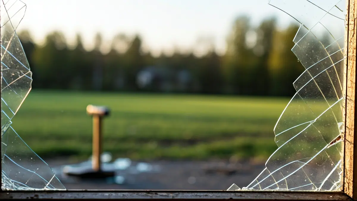 Irudi generikoa, hautsitako leiho bat eta mailu bat erakusten dituena, lapurreta baten ondoren.