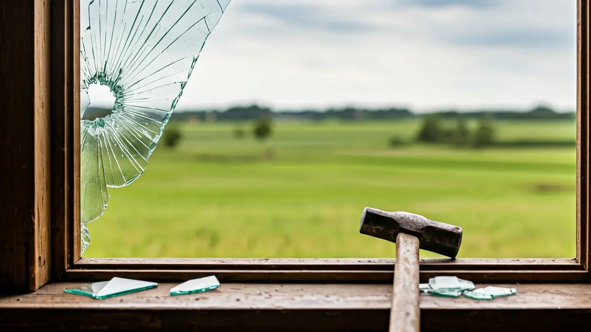 Haustura eta lapurreta baten irudi generikoa, leiho hautsia eta mailu bat lurrean.