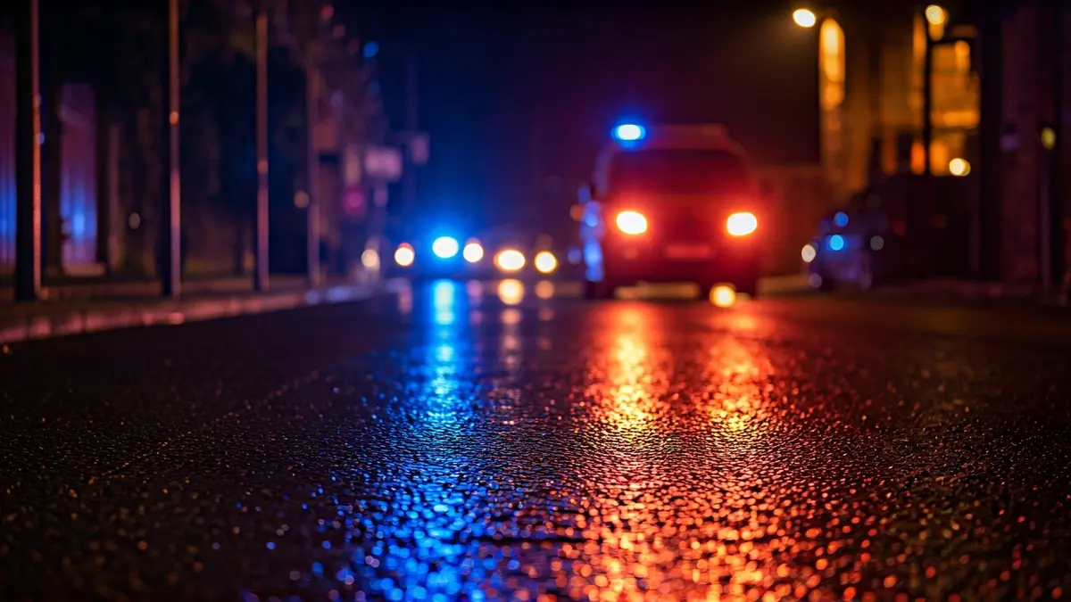 Generic image: Emergency lights reflecting on wet asphalt at night, in a rural Euskadi setting.