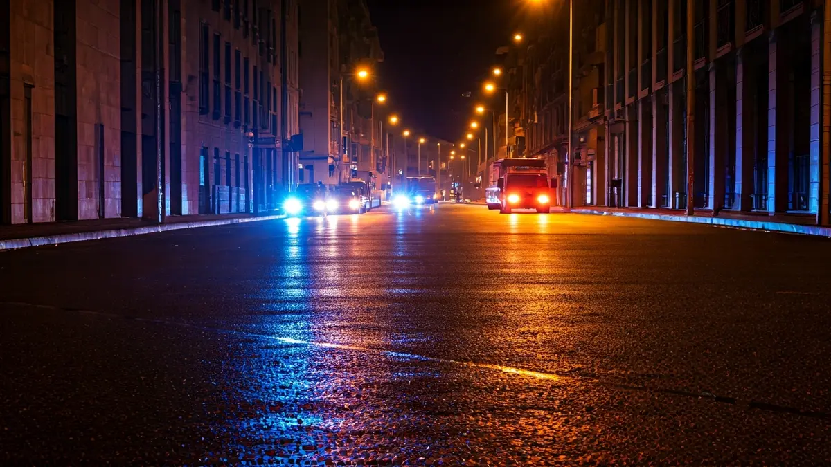Irudi generikoa: Larrialdi-argiak asfalto hezean islatzen dira gauez, Bilboko hiri-ingurune batean.