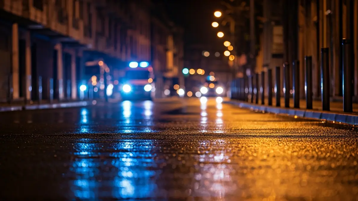 Irudi generikoa: Larrialdi-argiak asfalto hezean islatzen, gauez.