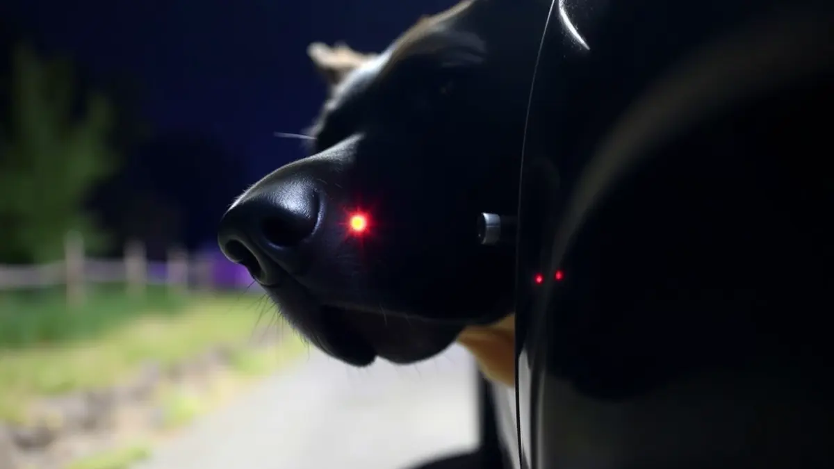 Imagen genérica de la nariz de un perro detector de drogas olfateando el guardabarros de un coche, con luces de policía borrosas al fondo.