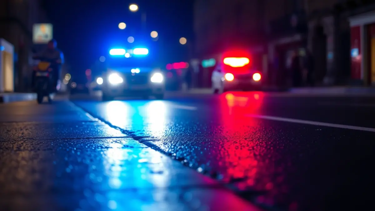 Irudi generikoa gaueko asfalto hezean islatzen diren larrialdi-argi urdin eta gorrienak.