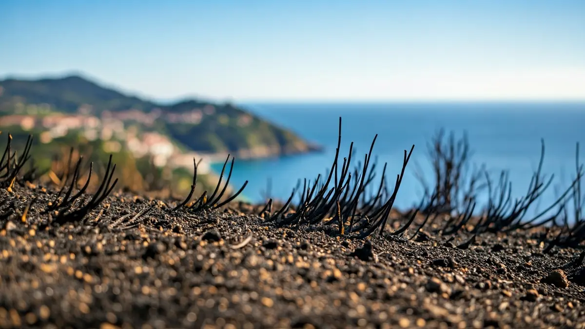 Image of charred earth after a forest fire in Ea, with the sea in the background.