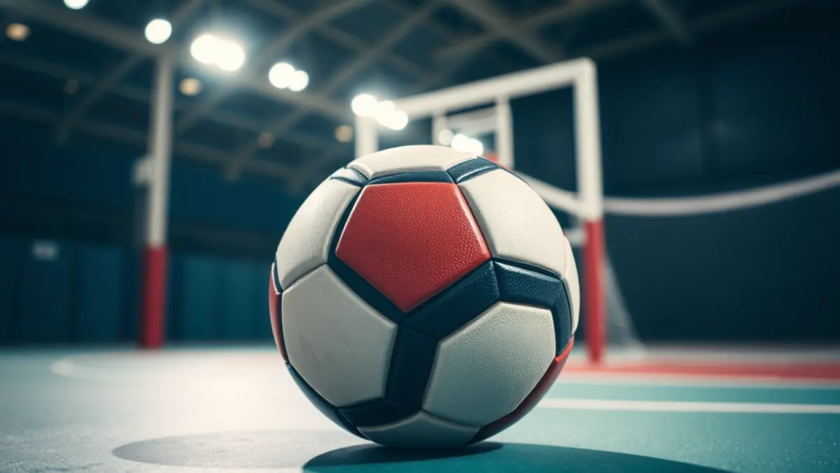 Generic image of a handball on the court, with a blurred goal net in the background.