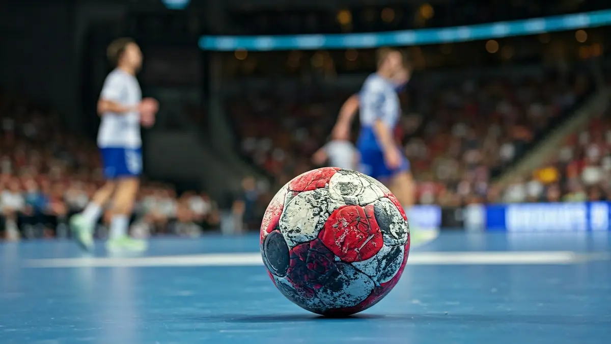 Imagen genérica de un balón de balonmano en la cancha, con jugadores difuminados al fondo.