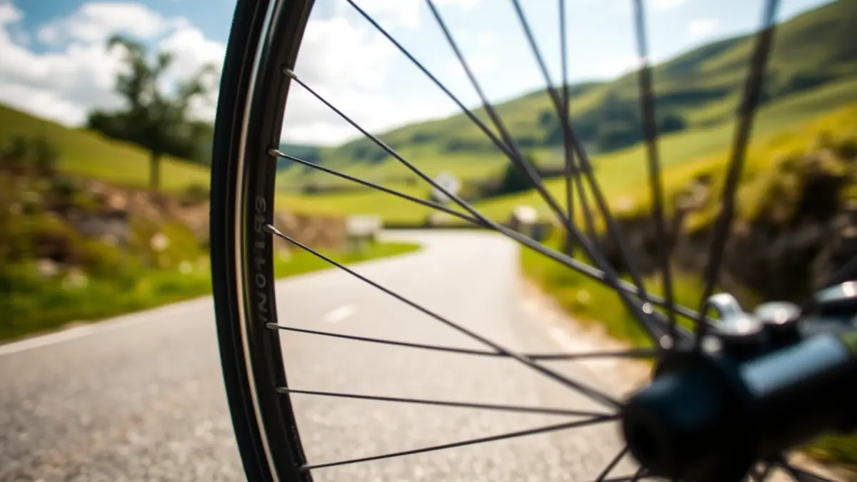 Generic image of a bicycle wheel, with a blurred background of a Basque road.