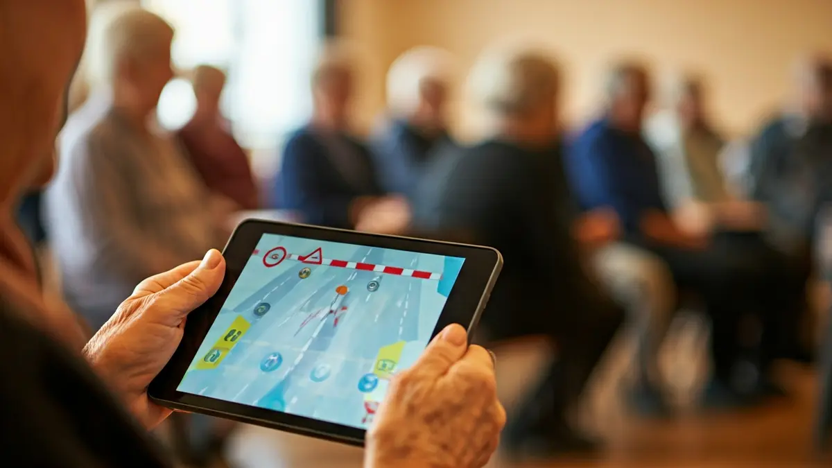 Persona mayor participando en un juego de seguridad vial con una tablet en un centro comunitario.