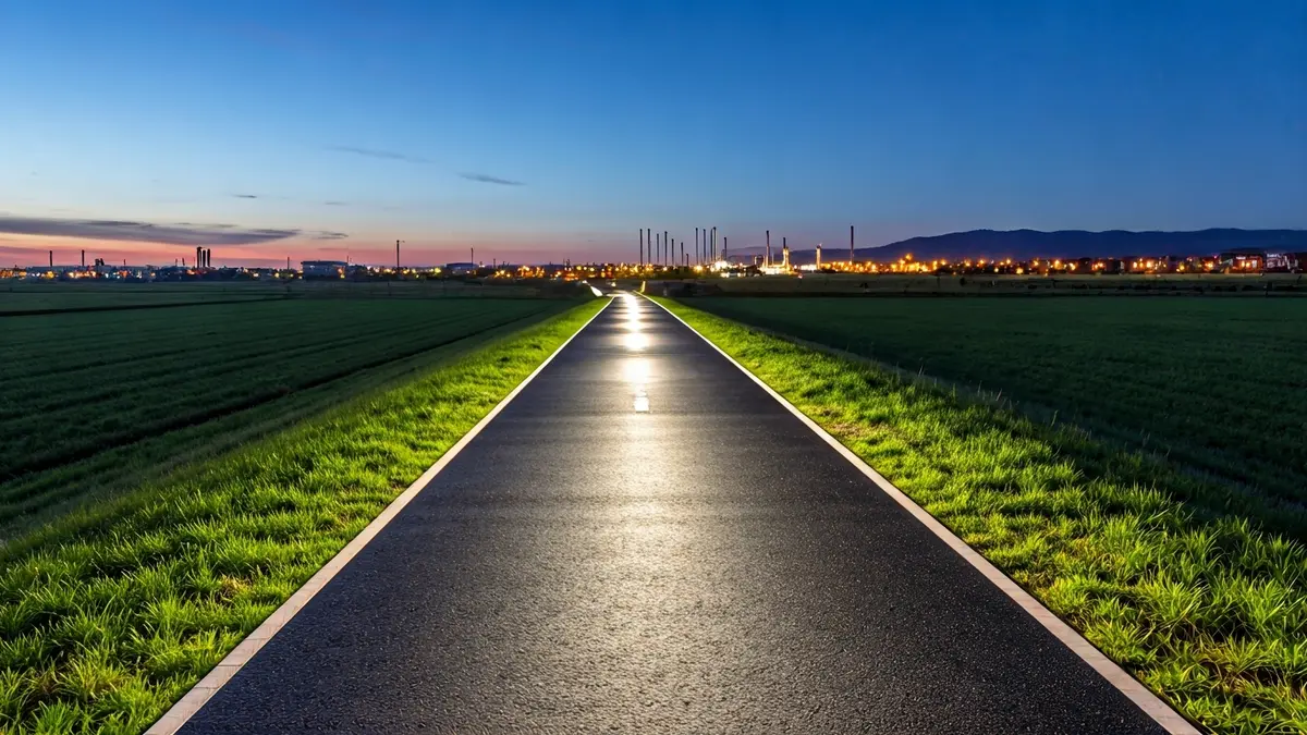 Generic image of a well-lit cycling path at dusk, with LED lights.