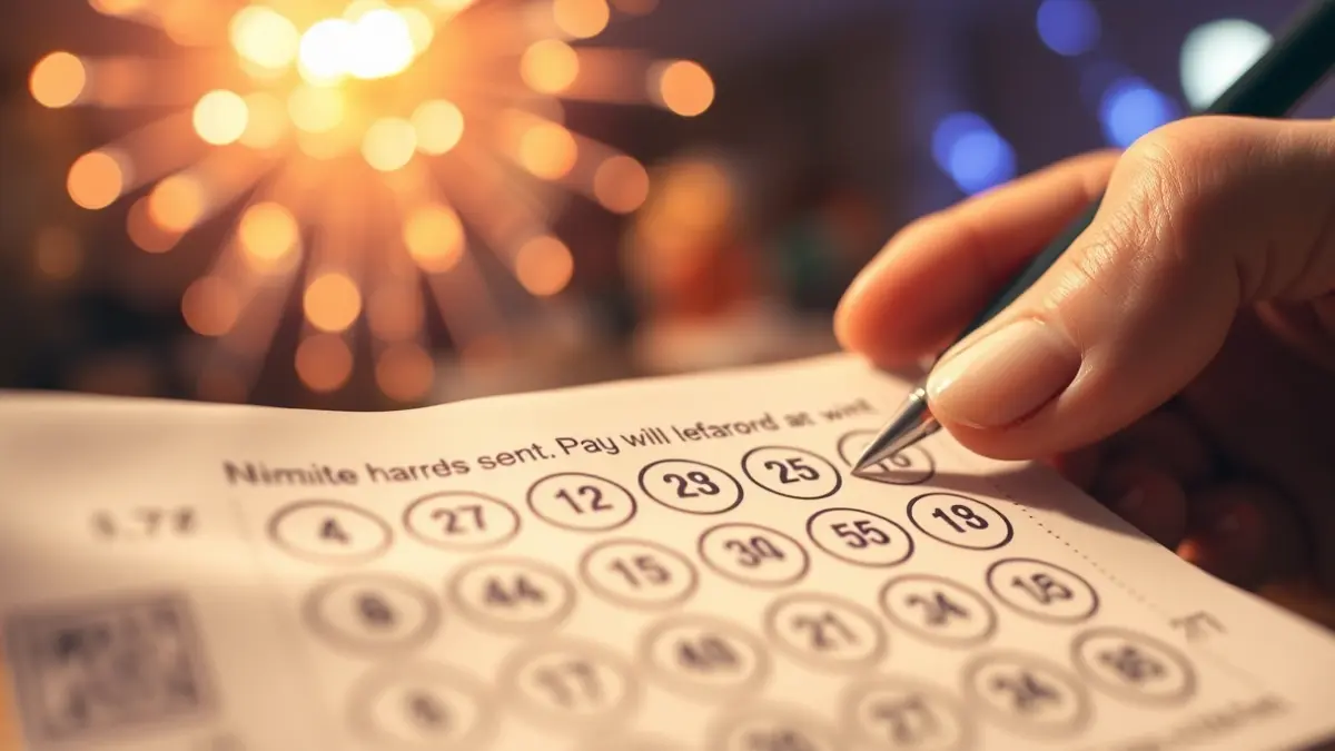 Generic image of a lottery ticket with blurred numbers and a celebratory atmosphere.