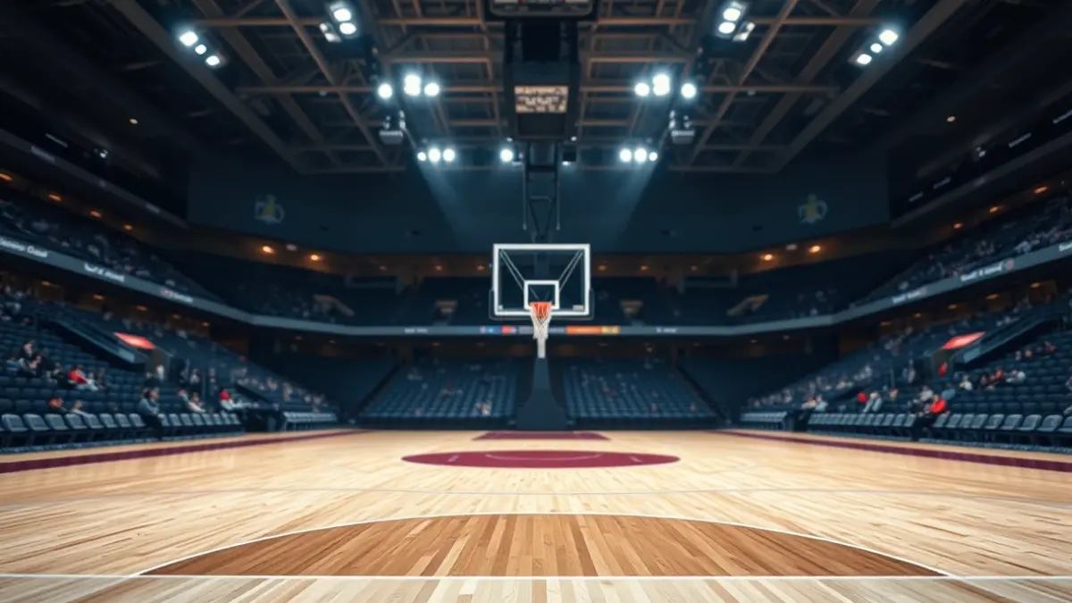 Generic image of an empty basketball court, with bright lights and stands in the background.