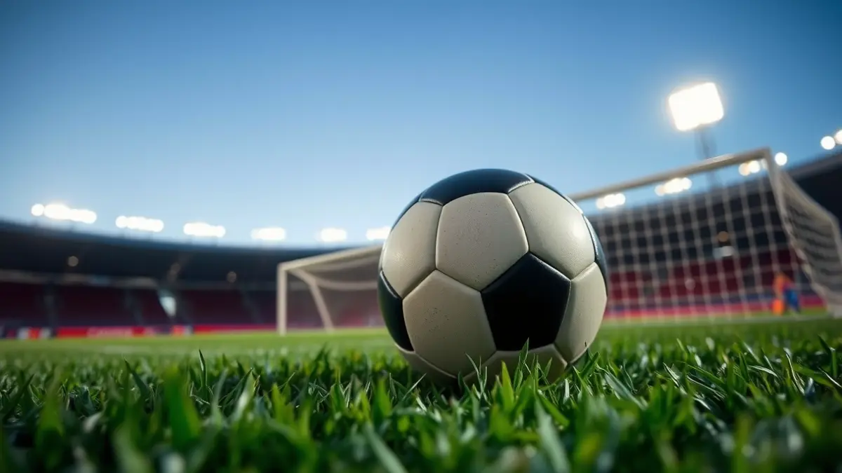 Imagen genérica de un balón de fútbol en un campo verde, con una portería blanca difuminada al fondo.
