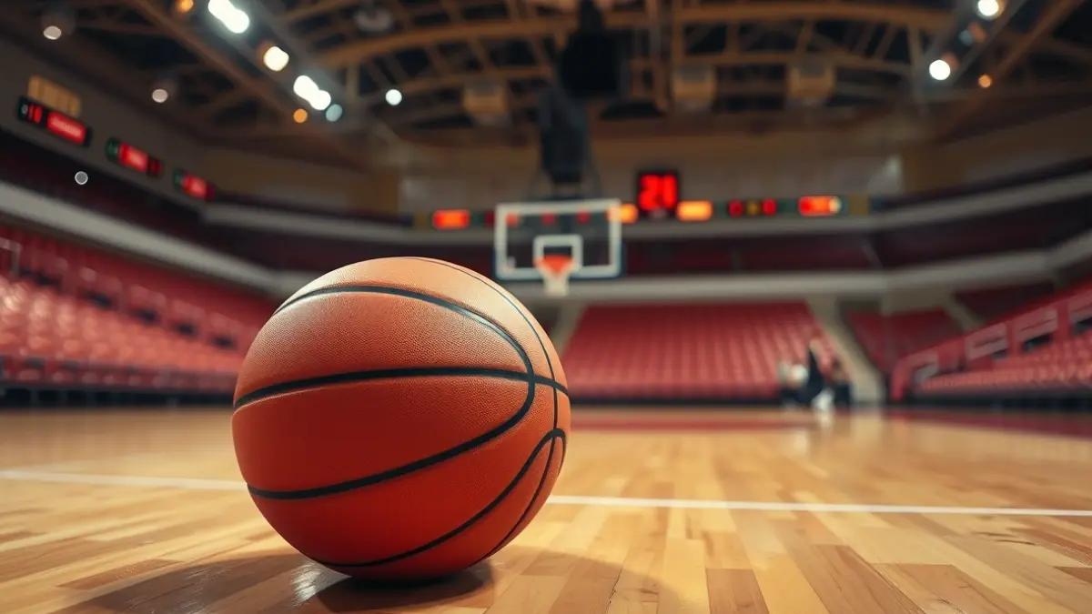 Saskibaloi baloi bat zoru leundu batean, atzealdean saskibaloi saskia lausotuta.