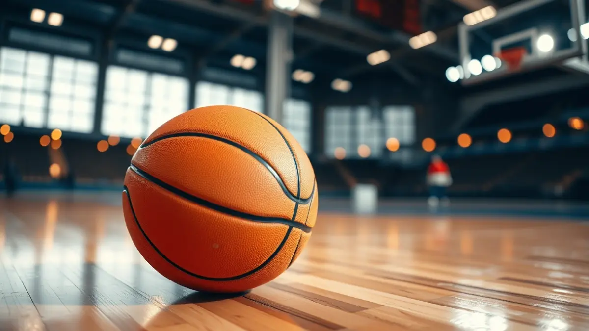 Generic image of a basketball on a court, with blurred lights in the background.