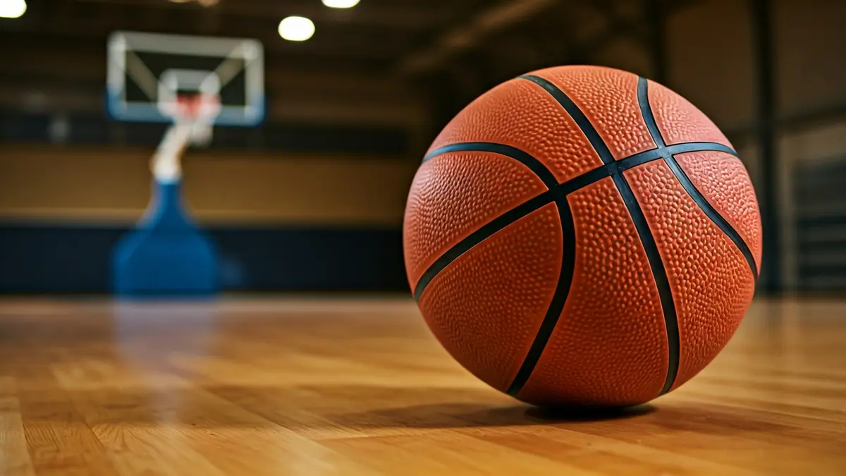 Basketball on a polished wooden court, with a blurred basketball hoop in the background.