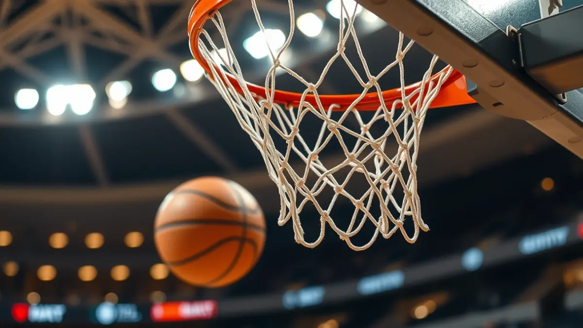 Saskibaloi sare baten irudi generikoa, baloia pasatzen.