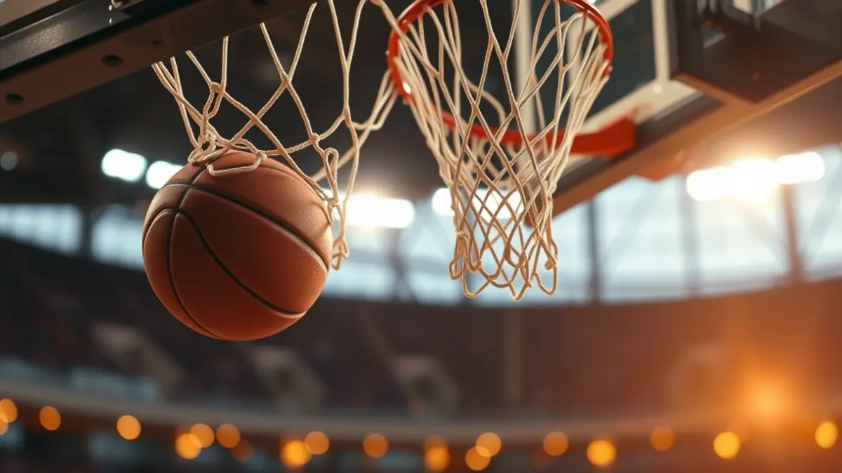 Generic image of a basketball net with a ball passing through, celebratory atmosphere.