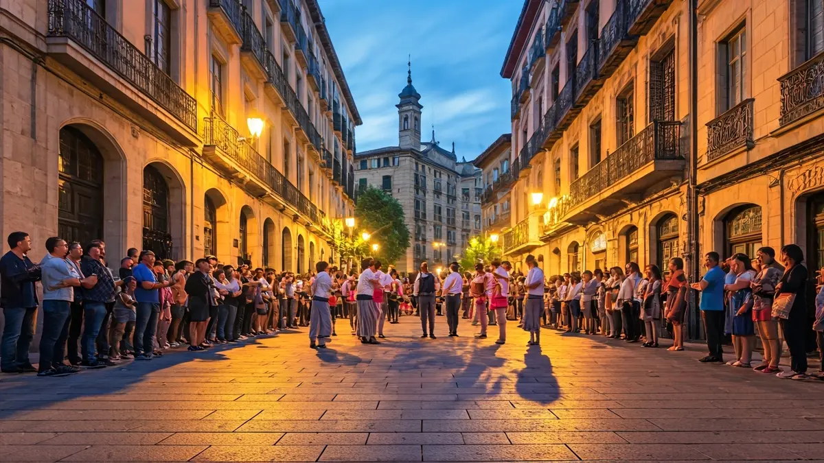 Image of a street scene in Bilbao, with people enjoying traditional Basque music and dance.
