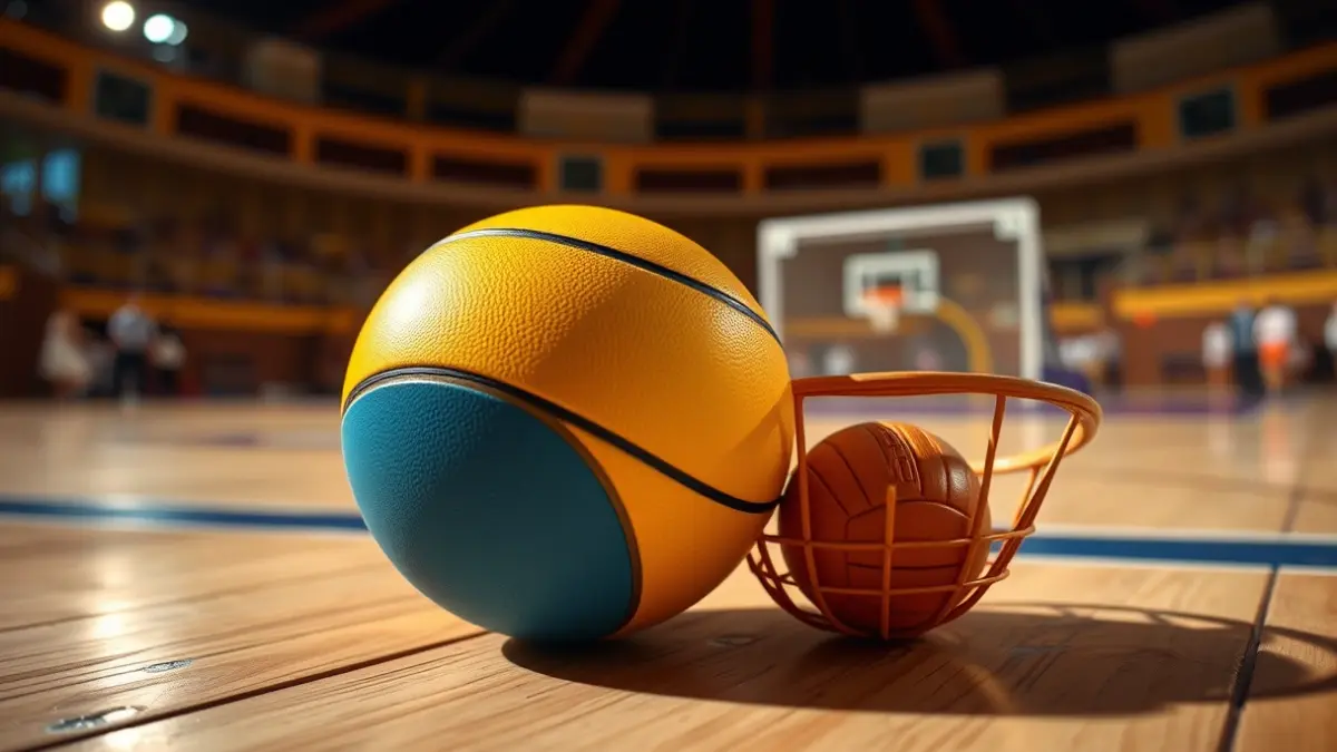 Generic image of a cesta punta ball and basket, with a blurred jai alai court in the background.