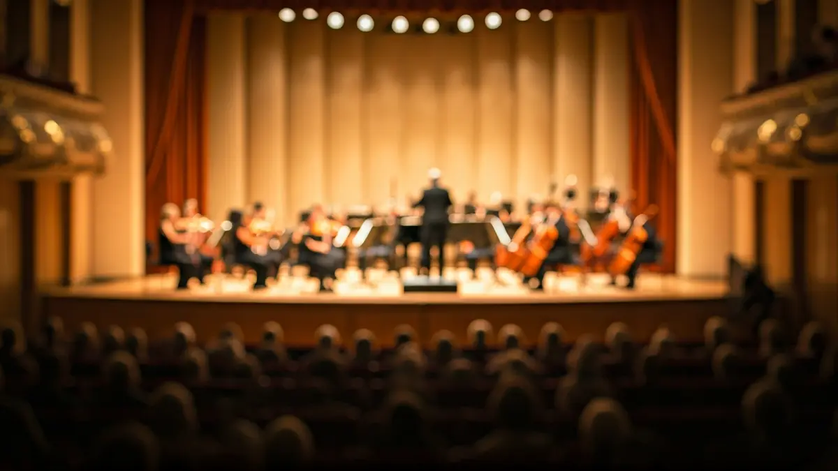 Generic image of an orchestra performing on a grand stage, with soft, warm lighting.