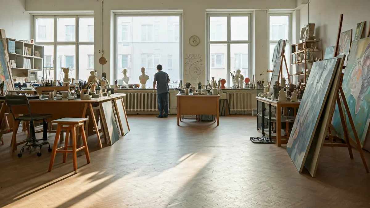 Irudi generikoa arte estudio bateko barrualdea erakusten duena, argi naturalarekin eta hainbat material artistikorekin.