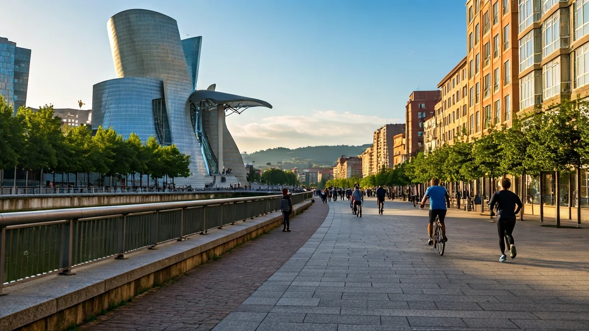 Bilboko parke urbano baten irudi generikoa, jendea korrika eta bizikletan ibai ertzean.