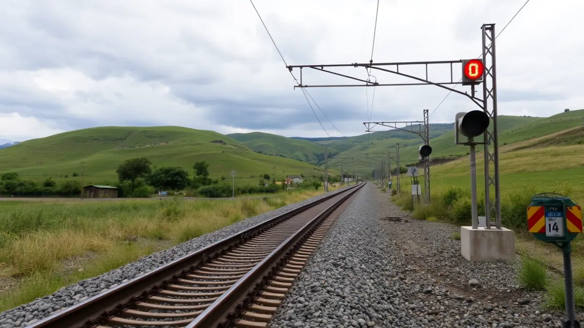 Train tracks and a red signal, indicating service interruption.