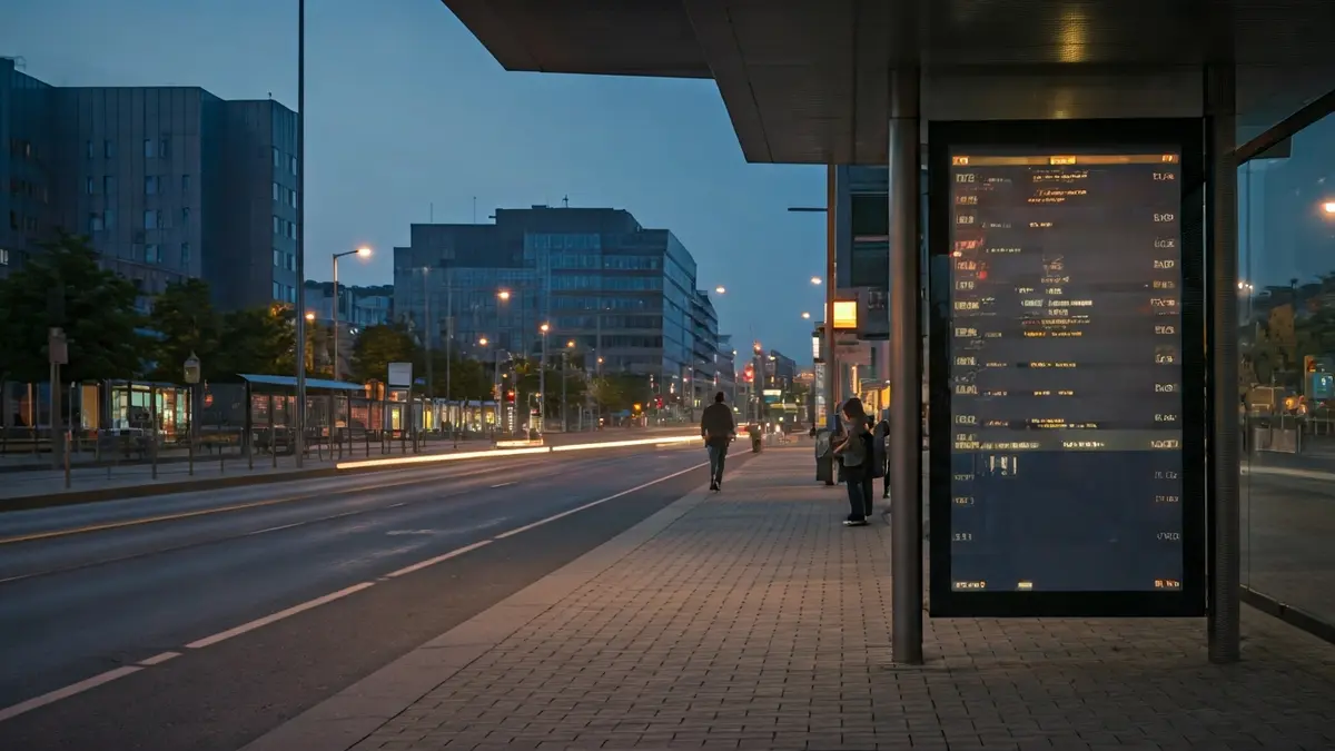Imagen genérica de una parada de Bilbobus con pantalla digital y personas esperando.