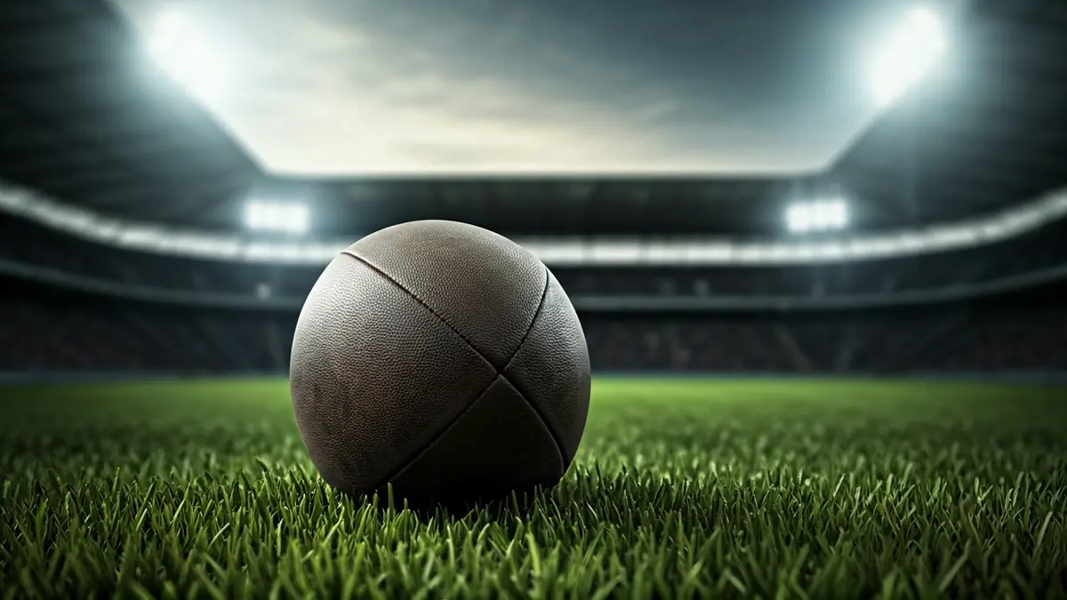 Errugbi baloi baten irudi generikoa belar gainean, estadio baten atzealde lausoarekin.