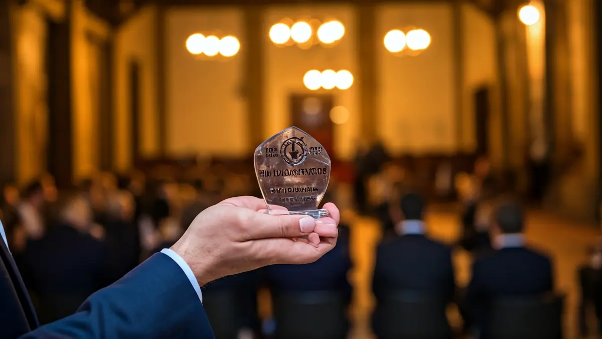 Un premio en una mano, con un fondo borroso de un evento del Ayuntamiento de Bilbao.