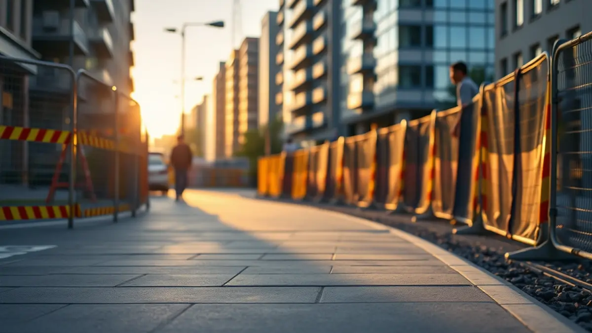 Generic image of an urban construction site in a Euskadi city, with safety fences and blurred workers in the background, focusing on a newly paved sidewalk.
