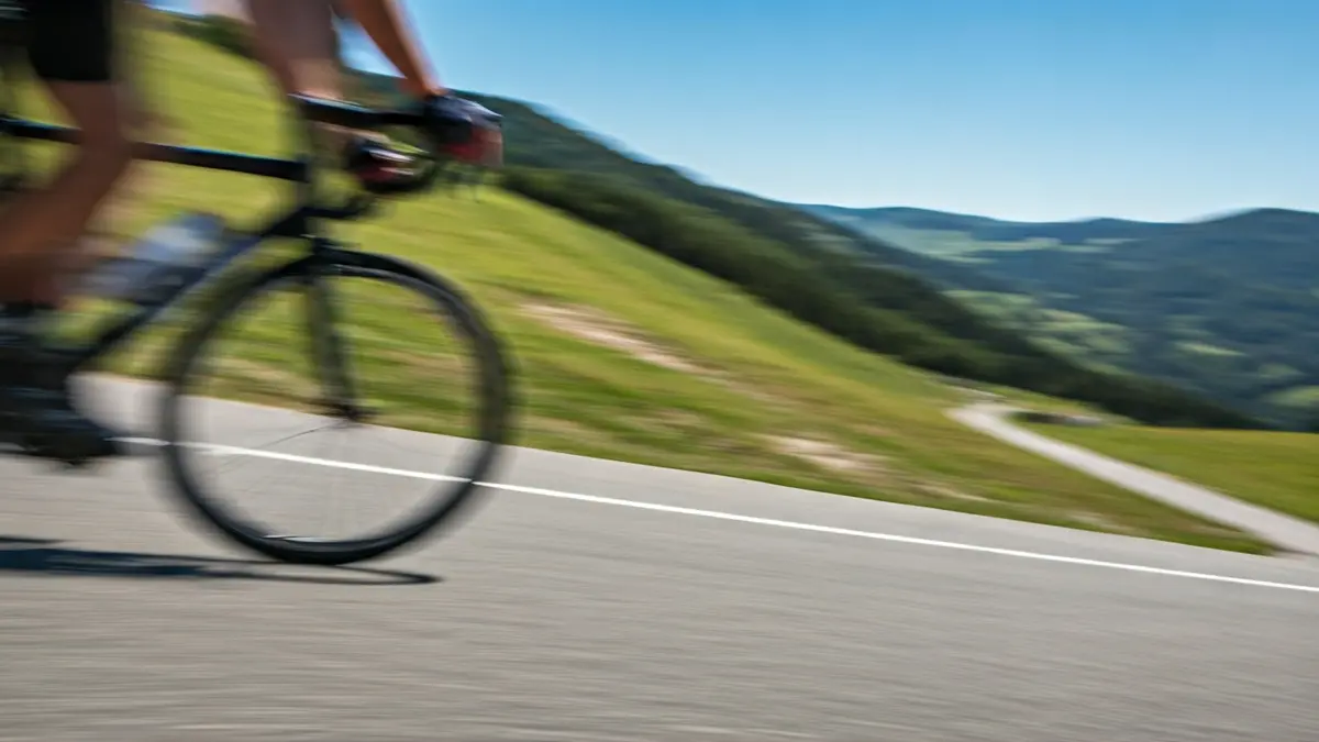A cyclist's legs pedaling hard on a steep incline, with green hills and blue sky in the background.