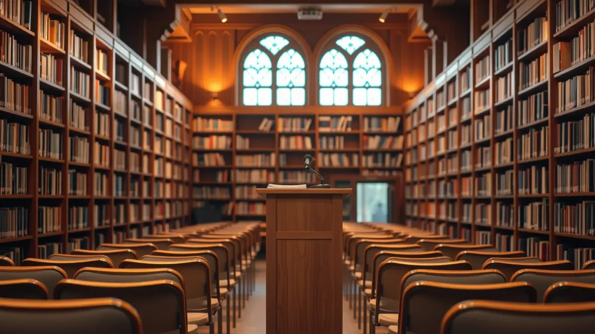 Generic image of a library interior with bookshelves and a microphone.