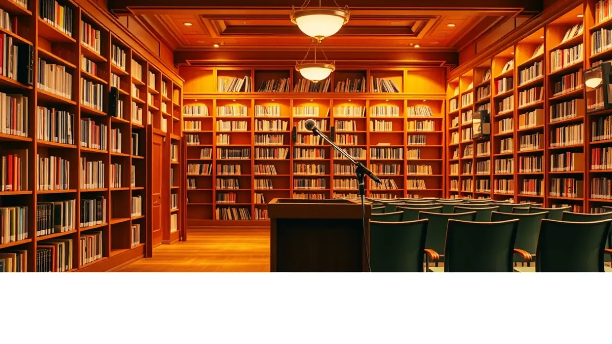 Generic image of a library interior with wooden bookshelves and a microphone.