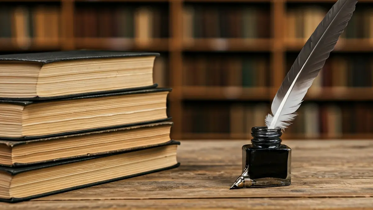Pila de libros antiguos encuadernados en cuero sobre un escritorio de madera, con una pluma y un tintero, en un ambiente de biblioteca.
