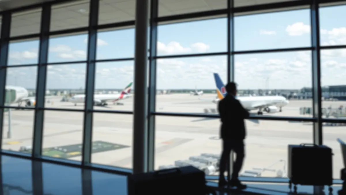 Bilboko aireportuaren irudi generikoa, bidaiarien terminal modernoa erakusten duena.