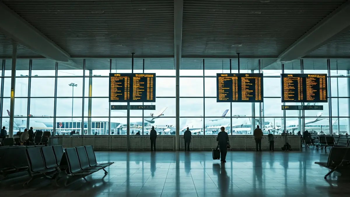 Generic image of a modern airport terminal interior with a flight display.