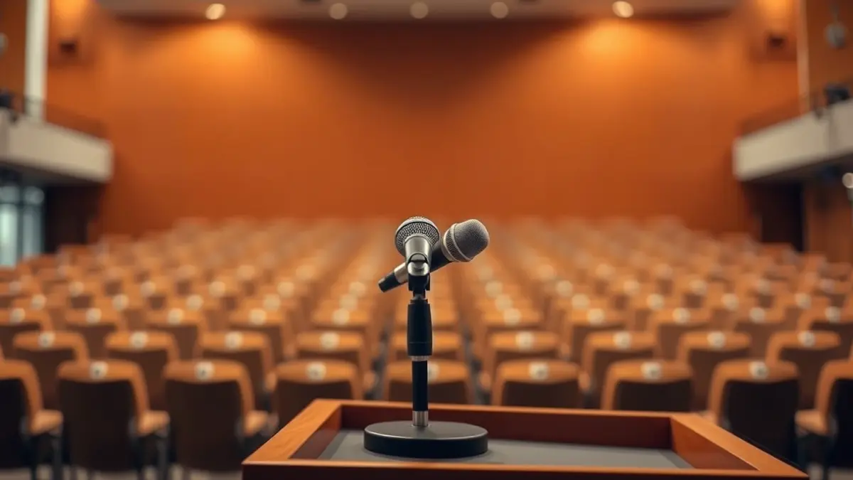 A microphone on a podium in an empty conference room, with blurred rows of seats in the background and warm lighting.