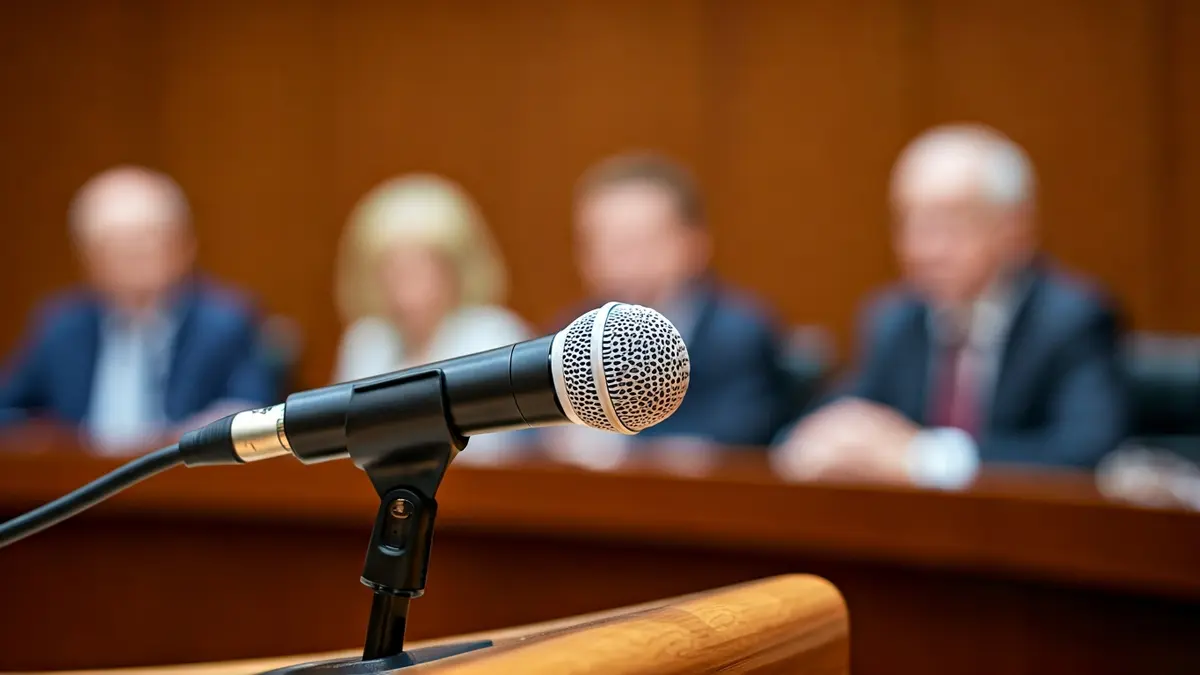 Irudi generikoa mikrofono baten aurrean, eztabaida publikoa irudikatuz.