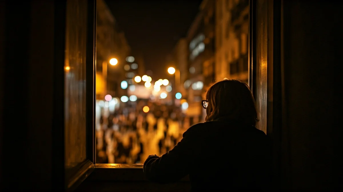 Irudi generikoa, pertsona bat leiho batetik kanpora begira, hiriko zaratak eta argiak atzealdean.