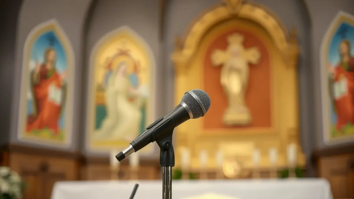 Imagen genérica de un micrófono en un púlpito de iglesia, con iconografía religiosa difuminada al fondo.