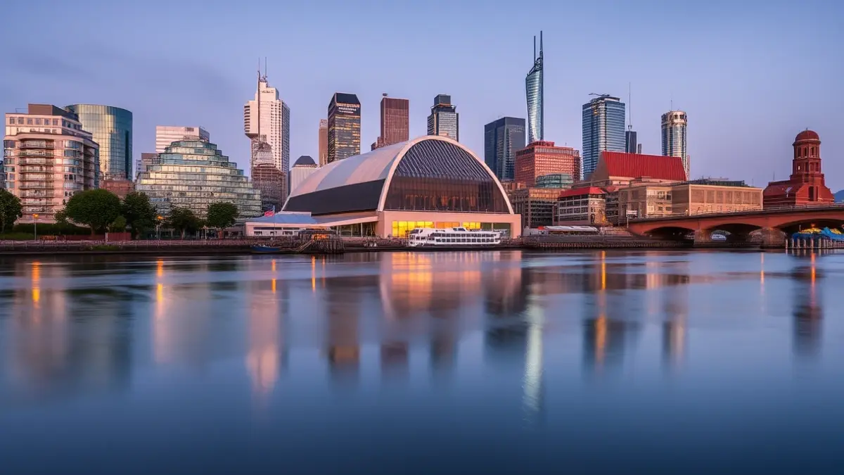 Bilboko hiri-paisaia modernoa, museo nabarmen batekin eta ibaiaren isla lasaiarekin.