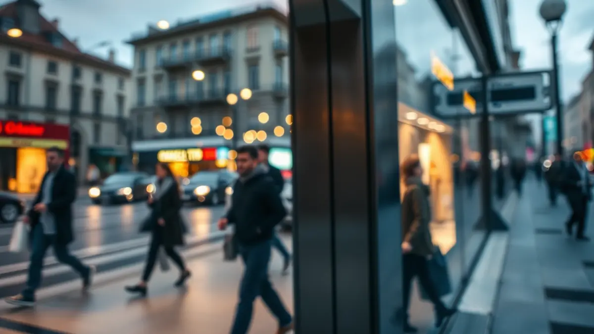 Generic image of a shop window on a main commercial street in Bilbao, reflecting city lights.